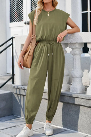 Round Neck Cap Sleeve Jumpsuit Divacious