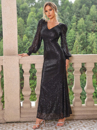 Sequin V-Neck Lantern Sleeve Maxi Dress Trendsi