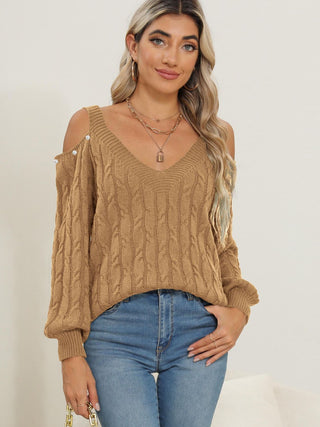 Cable-Knit Cold Shoulder Sweater - Divacious