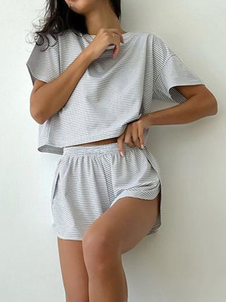 Striped Round Neck Top and Shorts Set Trendsi