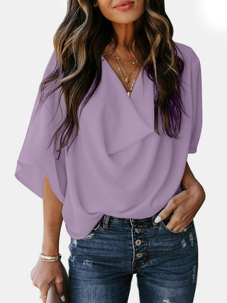 Full Size Cowl Neck Three-Quarter Sleeve Blouse Divacious