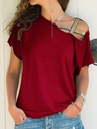 Asymmetrical Neck Short Sleeve T-Shirt Divacious