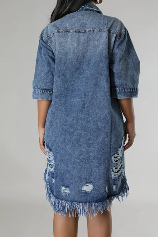 Distressed Raw Hem Button Up Denim Dress Divacious