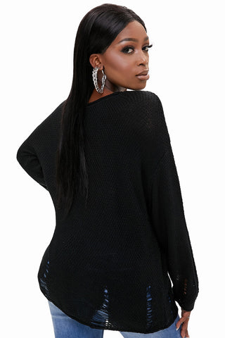 Round Neck Distressed Drop Shoulder Sweater Divacious