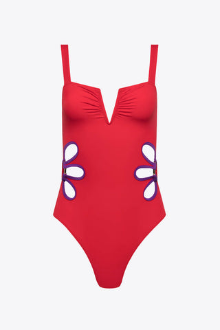 Contrast Trim Cutout Notched Neck One-Piece Swimsuit Divacious