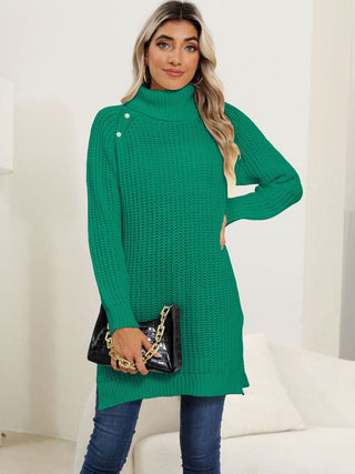 Slit Turtleneck Long Sleeve Sweater - Divacious