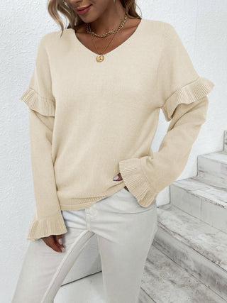 Ruffled V-Neck Dropped Shoulder Sweater Divacious