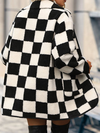 Full Size Checkered Button Front Coat with Pockets Divacious