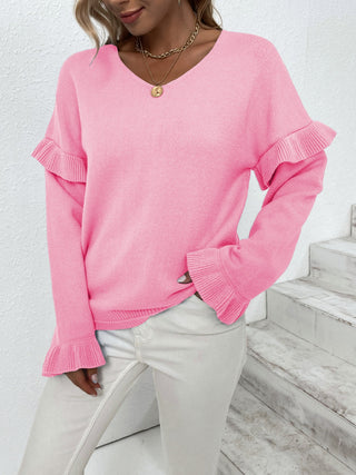 Ruffled V-Neck Dropped Shoulder Sweater Divacious