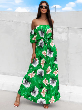 Pleated Floral Off-Shoulder Short Sleeve Midi Dress Trendsi