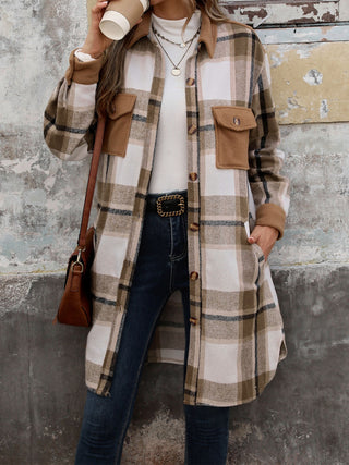 Plaid Button Up Long Sleeve Coat Divacious