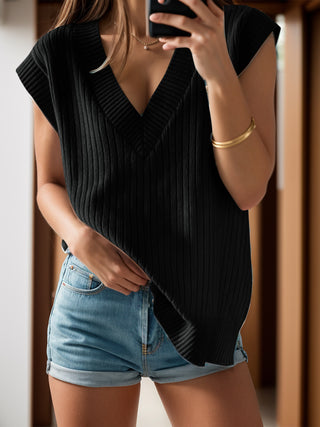 V-Neck Cap Sleeve Knit Vest Divacious