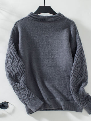 Round Neck Long Sleeve Woven Sweater - Divacious