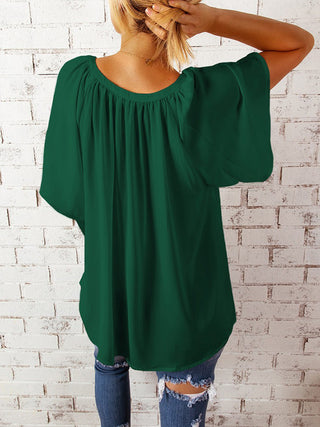 Ruched Notched Half Sleeve Blouse Divacious