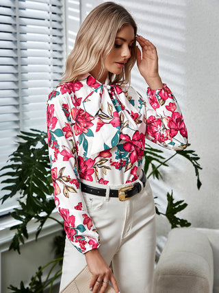 Printed Tie Neck Long Sleeve Blouse Divacious