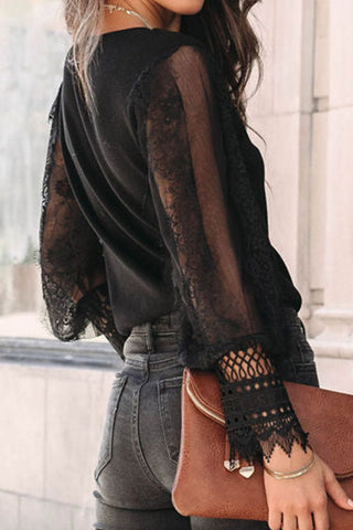 Lace Detail Mesh Lantern Sleeve Blouse Divacious