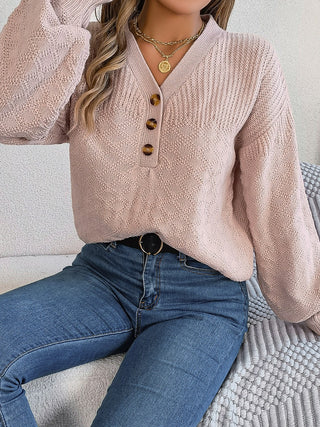 Half Button V-Neck Long Sleeve Sweater Divacious