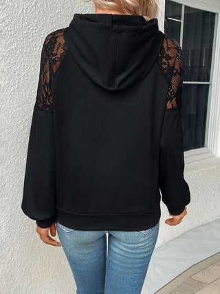 Lace Detail Drawstring Long Sleeve Hoodie Divacious