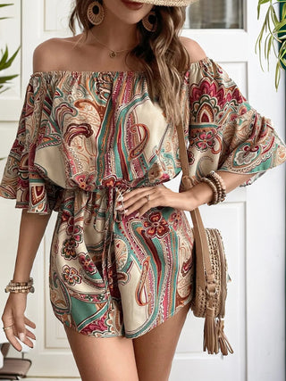 Printed Off Shoulder Half Sleeve Romper Divacious