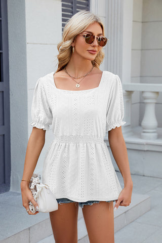 Eyelet Square Neck Short Sleeve T-Shirt Divacious