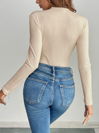 Decorative Button Round Neck Long Sleeve Bodysuit - Divacious