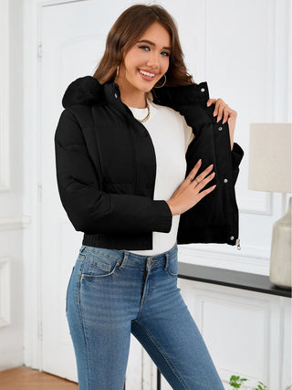 Pocketed Long Sleeve Cropped Hooded Winter Coat - Divacious