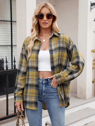 Pocketed Plaid Collared Neck Long Sleeve Shirt Divacious