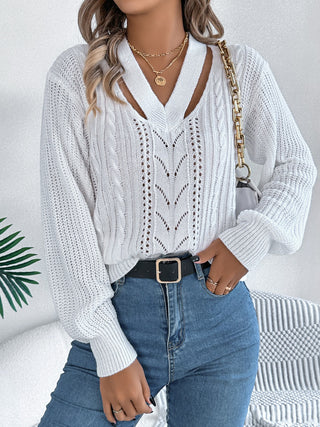 Cutout V-Neck Long Sleeve Sweater - Divacious