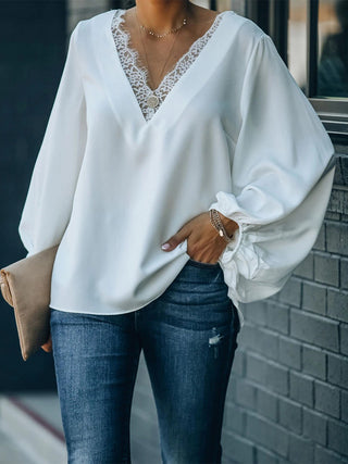 Lace Detail V-Neck Long Sleeve Blouse Divacious