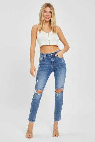 Full Size High Rise Knee Distressed Skinny Jeans Divacious