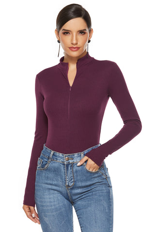 Full Size Ribbed Half Zip Long Sleeve Bodysuit Divacious