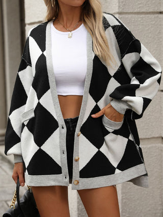 Checkered Dropped Shoulder Long Sleeve Cardigan Divacious