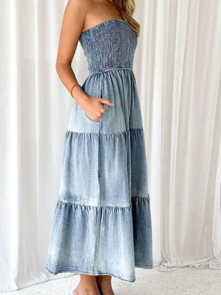 Slit Smocked Tube Tiered Denim Dress Divacious