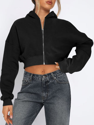 Zip Up Long Sleeve Hooded Cropped Jacket Trendsi