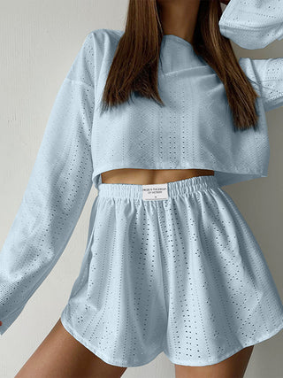 Eyelet Round Neck Top and Shorts Set Trendsi