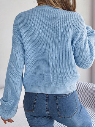 Cable-Knit Round Neck Drop Shoulder Sweater Divacious