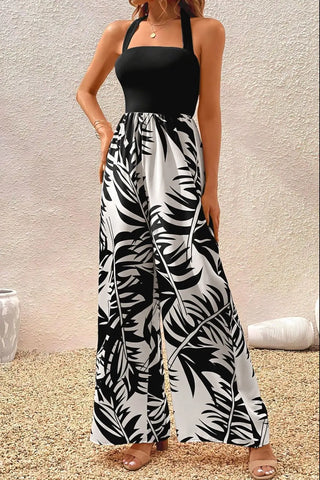 Printed Halter Wide Leg Jumpsuit Divacious