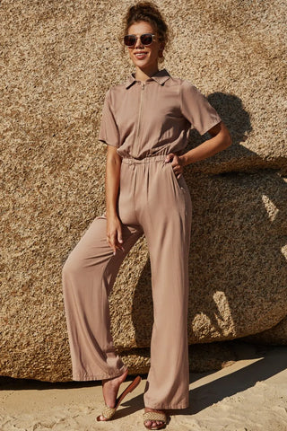 Zip Up Short Sleeve Collared Jumpsuit Divacious