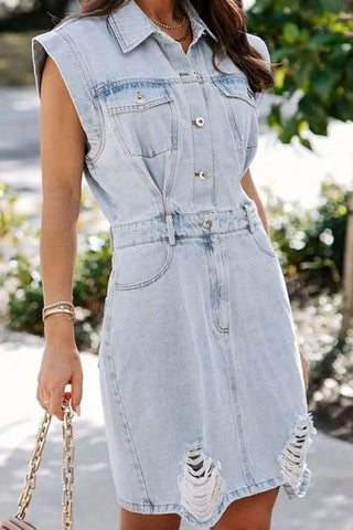 Distressed Half Button Cap Sleeve Denim Dress Divacious