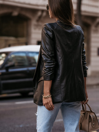 Faux Leather Open Front Blazer Divacious