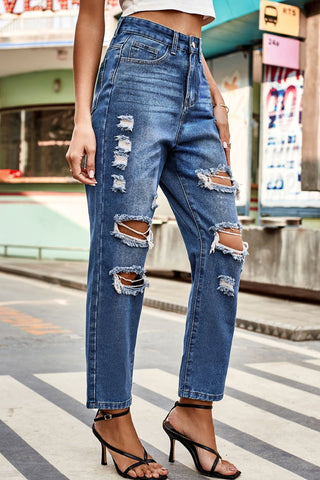 Distressed High Waist Straight Jeans Divacious