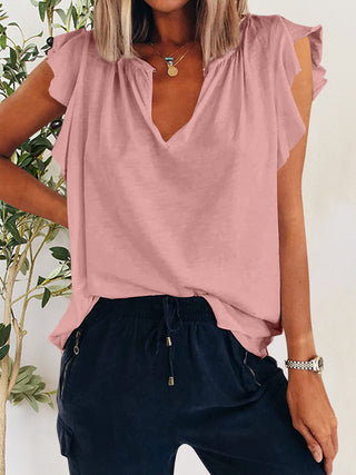 Ruffled Notched Cap Sleeve T-Shirt Divacious