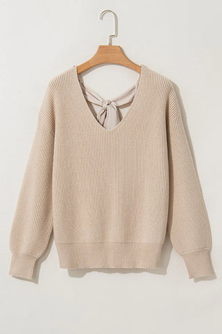 Tied V-Neck Long Sleeve Sweater Divacious