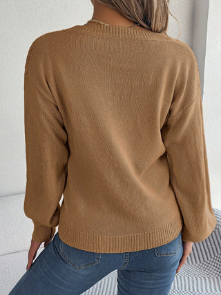 Cable-Knit V-Neck Lantern Sleeve Sweater Divacious