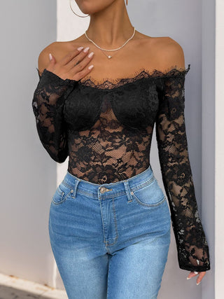 Lace Off-Shoulder Long Sleeve Bodysuit - Divacious