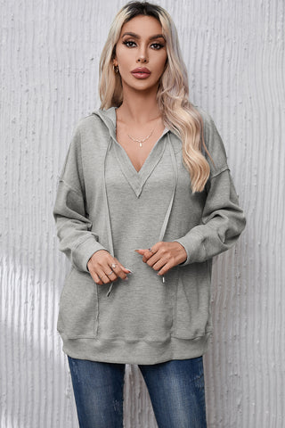 Drawstring Pocketed Dropped Shoulder Hoodie Divacious