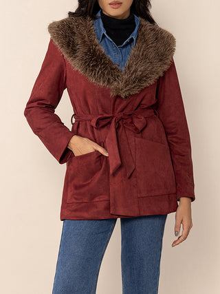 Fuzzy Collared Neck Tie Waist Jacket - Divacious