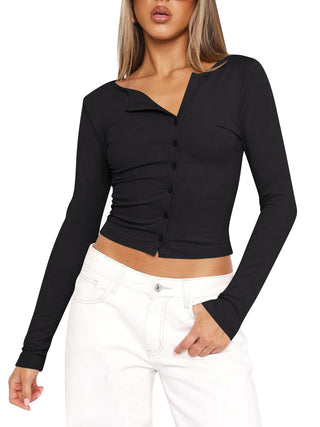 Button Up Round Neck Long Sleeve T-Shirt Divacious