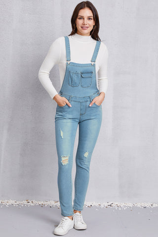 Distressed Washed Denim Overalls with Pockets Divacious