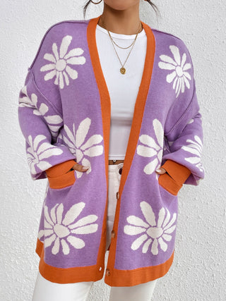 Contrast Dropped Shoulder Long Sleeve Cardigan Divacious